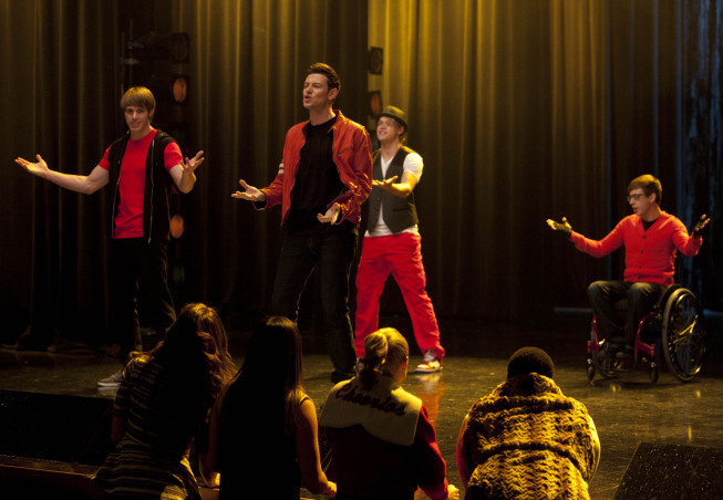 GLEE: Finn (Cory Monteith, C), Ryder (Blake Jenner, L), Sam (Chord Overstreet, third from L) and Artie (Kevin McHale, R) perform in the "Feud" episode of GLEE  airing on Thursday, March 14  (9:00-10:00 PM ET/PT) on FOX. ©2013 Fox Broadcasting Co. CR: Adam Rose/FOX GLEE: Finn (Cory Monteith, C), Ryder (Blake Jenner, L), Sam (Chord Overstreet, third from L) and Artie (Kevin McHale, R) perform in the "Feud" episode of GLEE  airing on Thursday, March 14  (9:00-10:00 PM ET/PT) on FOX. ©2013 Fox Broadcasting Co. CR: Adam Rose/FOX