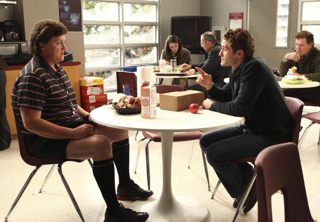 GLEE: Coach Beiste (guest star Dot- Marie Jones, L) and  Will (Matthew Morrison, R) chat in the teachers' lounge in a special episode of GLEE airing after SUPER BOWL XLV on Sunday, Feb. 6 (approx. 10:30-11:30 PM ET; approx. 7:30-8:30 PM PT) on FOX.  ©2011 Fox Broadcasting Co. Cr: Justin Lubin/FOX GLEE: Coach Beiste (guest star Dot- Marie Jones, L) and  Will (Matthew Morrison, R) chat in the teachers' lounge in a special episode of GLEE airing after SUPER BOWL XLV on Sunday, Feb. 6 (approx. 10:30-11:30 PM ET; approx. 7:30-8:30 PM PT) on FOX.  ©2011 Fox Broadcasting Co. Cr: Justin Lubin/FOX