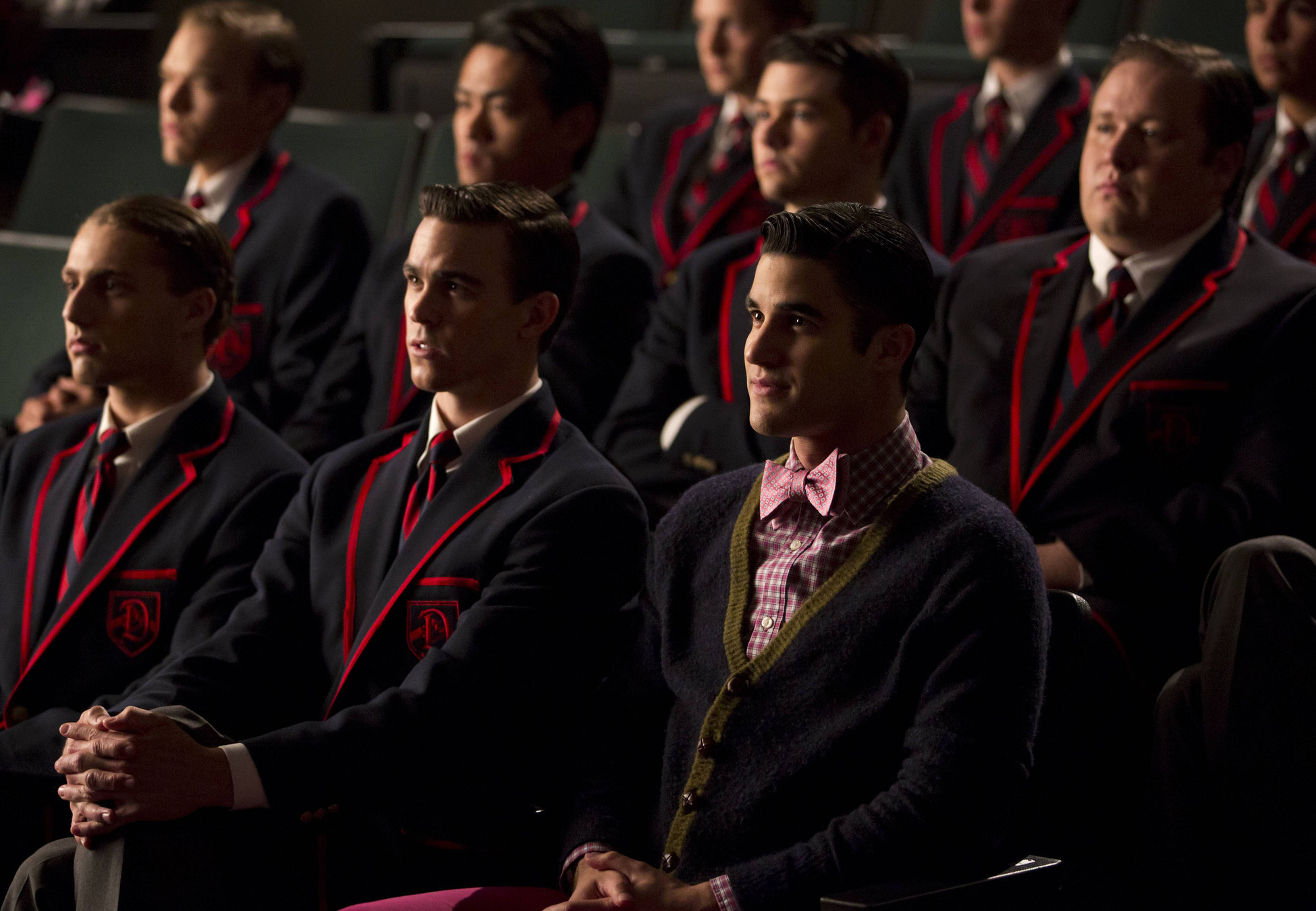 GLEE: Blaine (Darren Criss, R) and his team watch the New Directions perform in the "The Hurt Locker, Part Two" episode of GLEE airing Friday, Jan. 30 (9:00-10:00 PM ET/PT) on FOX. ©2014 Fox Broadcasting Co. CR: Jennifer Clasen/FOX GLEE: Blaine (Darren Criss, R) and his team watch the New Directions perform in the "The Hurt Locker, Part Two" episode of GLEE airing Friday, Jan. 30 (9:00-10:00 PM ET/PT) on FOX. ©2014 Fox Broadcasting Co. CR: Jennifer Clasen/FOX