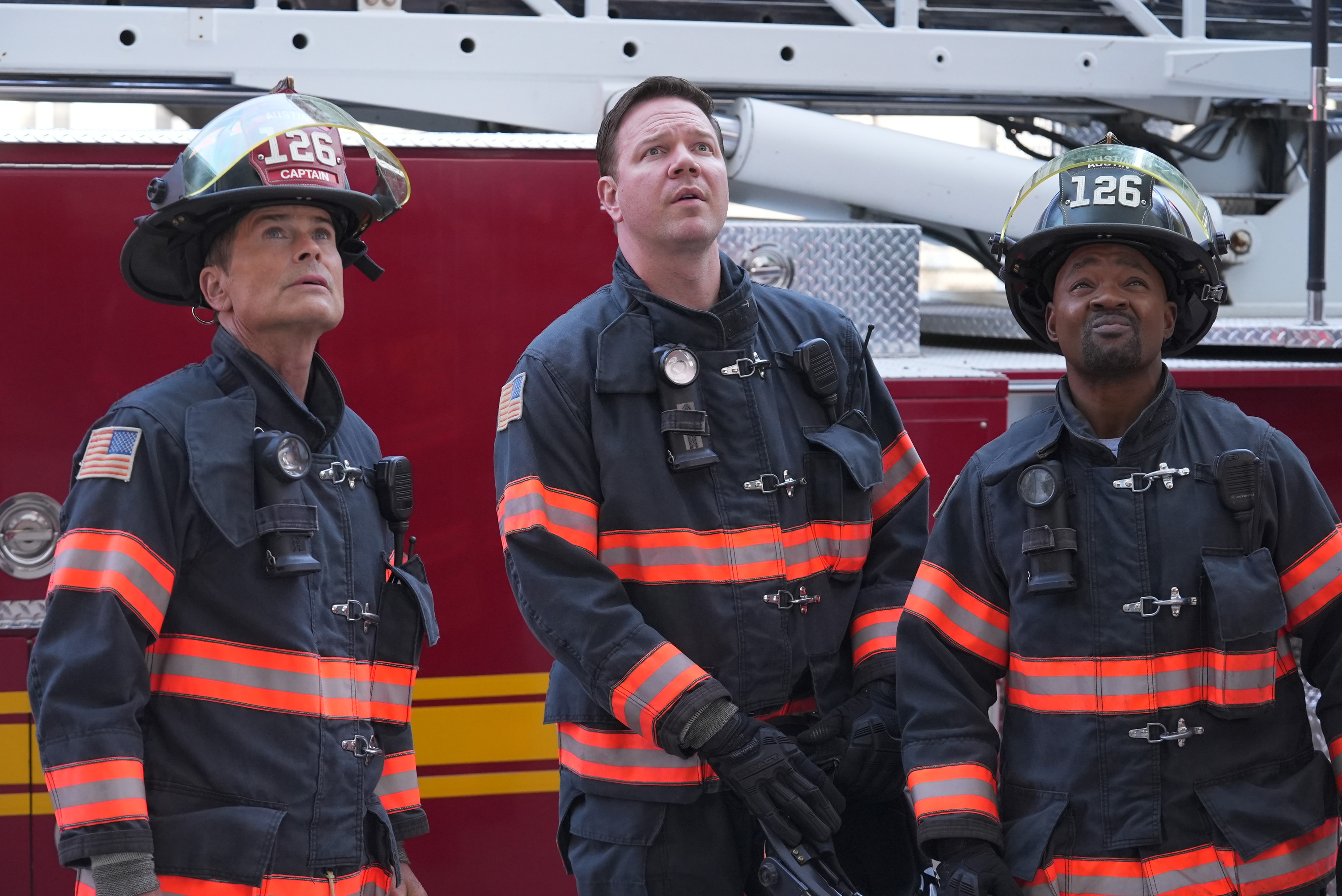 9-1-1 LONE STAR: L-R: Rob Lowe, Jim Parrack, and Brian Michael Smith in the "My Way" episode of 9-1-1 LONE STAR airing Monday, Oct 14 (8:00-9:02 PM ET/PT) on FOX. © 2024 Fox Media LLC.CR: Kevin Estrada/FOX. 9-1-1 LONE STAR: L-R: Rob Lowe, Jim Parrack, and Brian Michael Smith in the "My Way" episode of 9-1-1 LONE STAR airing Monday, Oct 14 (8:00-9:02 PM ET/PT) on FOX. © 2024 Fox Media LLC.CR: Kevin Estrada/FOX.