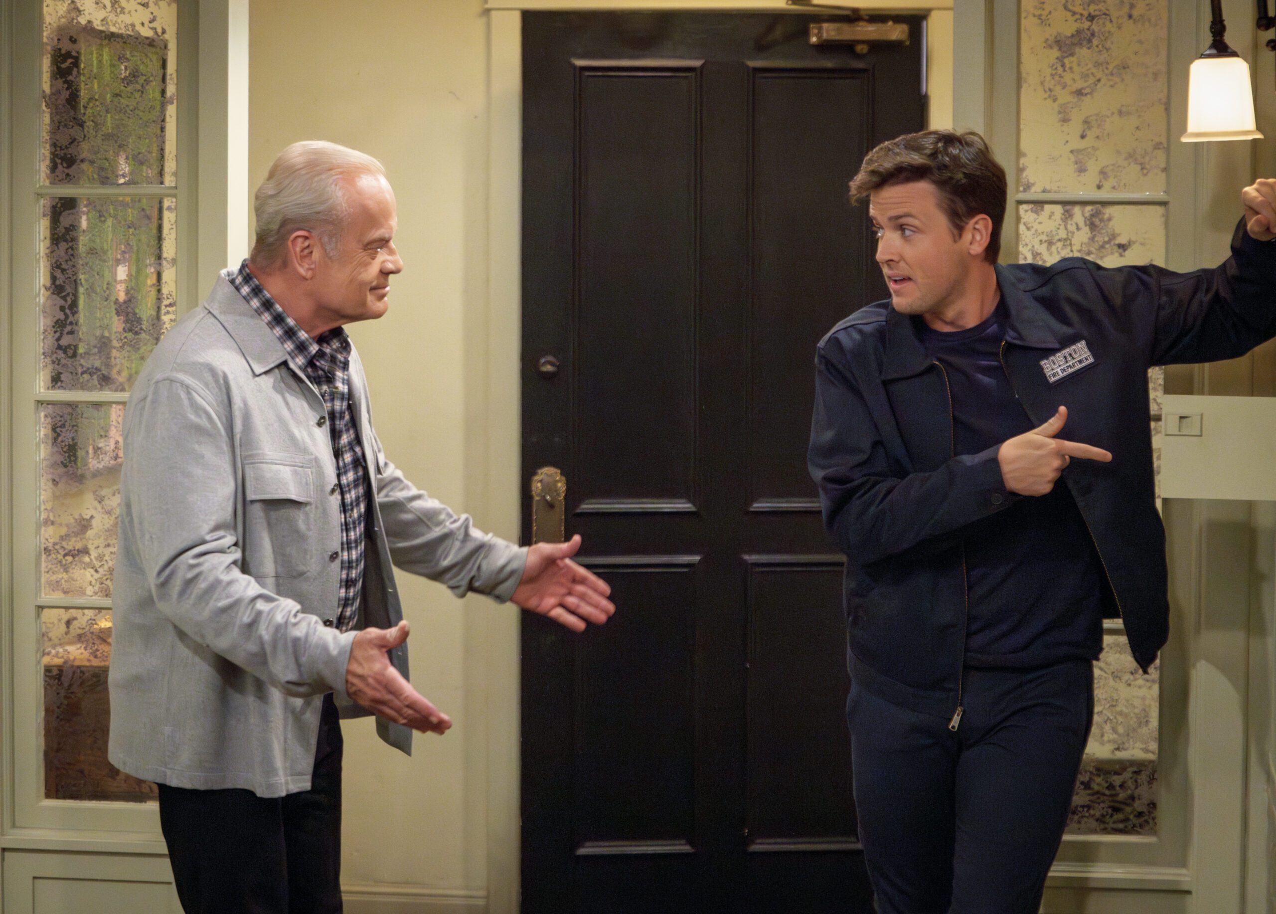 L-R:  Kelsey Grammer as Frasier Crane and Jack Cutmore-Scott as Freddy Crane  in Frasier, episode 9, season 1 streaming on Paramount+, 2023.   Photo credit: Chris Haston/Paramount+ L-R:  Kelsey Grammer as Frasier Crane and Jack Cutmore-Scott as Freddy Crane  in Frasier, episode 9, season 1 streaming on Paramount+, 2023.   Photo credit: Chris Haston/Paramount+