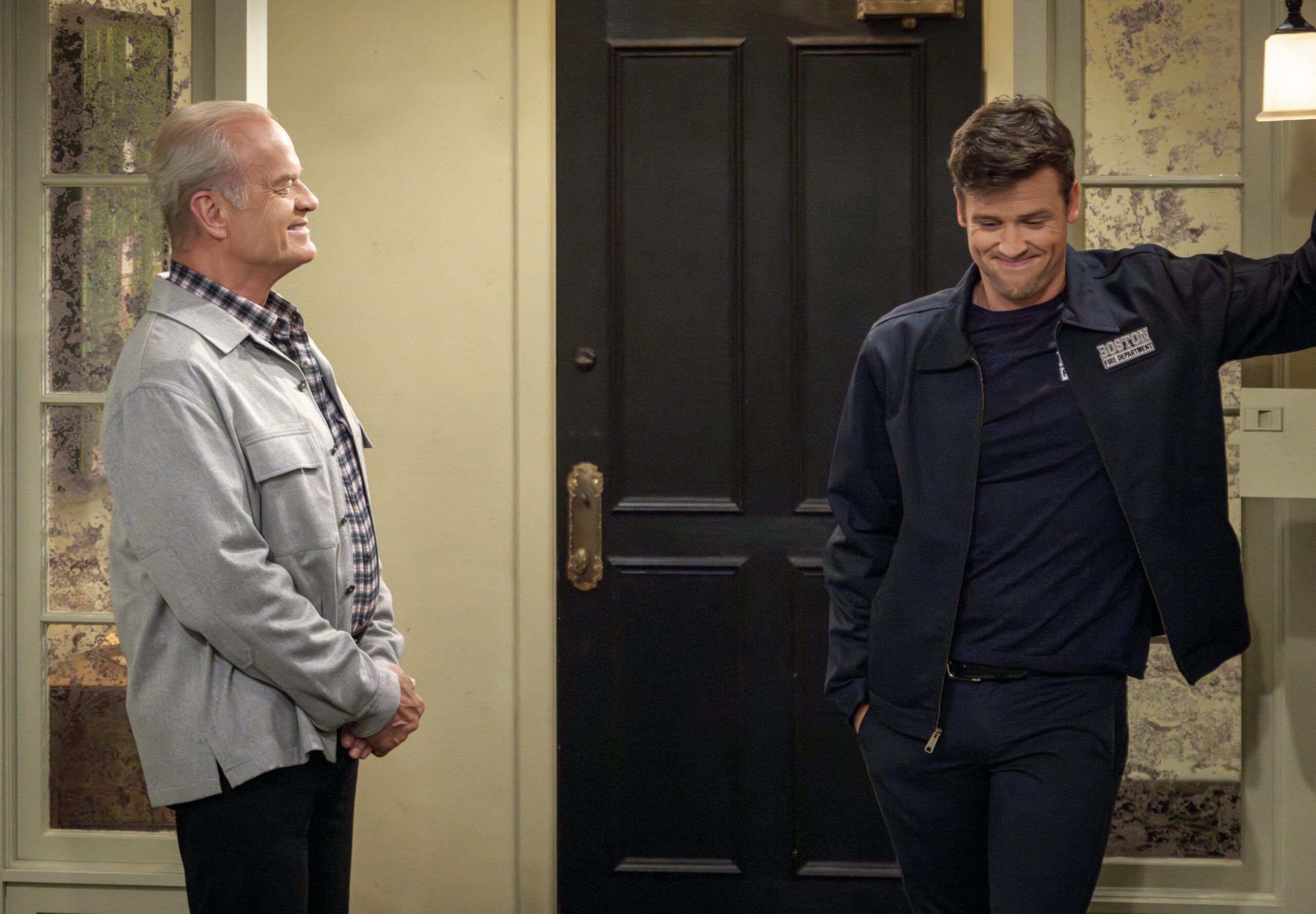 L-R:  Kelsey Grammer as Frasier Crane and Jack Cutmore-Scott as Freddy Crane  in Frasier, episode 9, season 1 streaming on Paramount+, 2023.   Photo credit: Chris Haston/Paramount+ L-R:  Kelsey Grammer as Frasier Crane and Jack Cutmore-Scott as Freddy Crane  in Frasier, episode 9, season 1 streaming on Paramount+, 2023.   Photo credit: Chris Haston/Paramount+