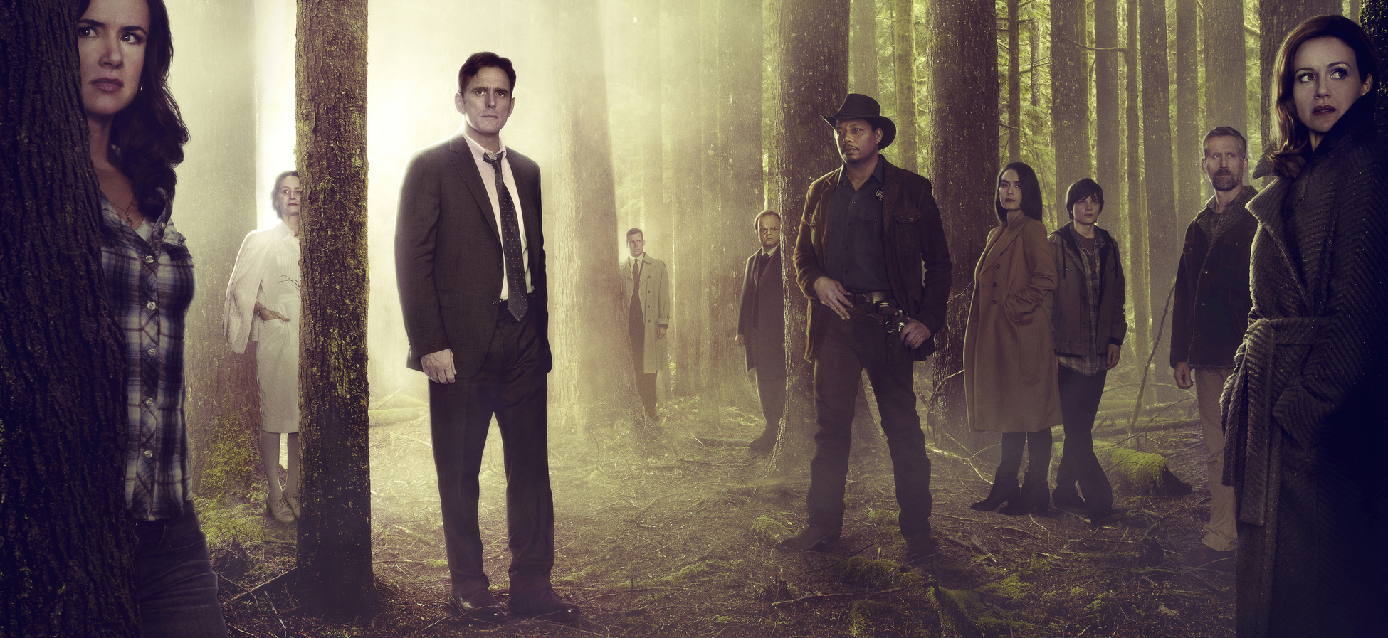 WAYWARD PINES:  L-R:  Juliette Lewis, Melisa Leo, Matt Dillon, Tim Griffin, Toby Jones, Terrence Howard, Shannyn Sossamon, Charlie Tahan, Reed Diamond and Carla Gugino.  ©2014 Fox Broadcasting Co.  Cr:  Frank Ockenfels/FOX WAYWARD PINES:  L-R:  Juliette Lewis, Melisa Leo, Matt Dillon, Tim Griffin, Toby Jones, Terrence Howard, Shannyn Sossamon, Charlie Tahan, Reed Diamond and Carla Gugino.  ©2014 Fox Broadcasting Co.  Cr:  Frank Ockenfels/FOX